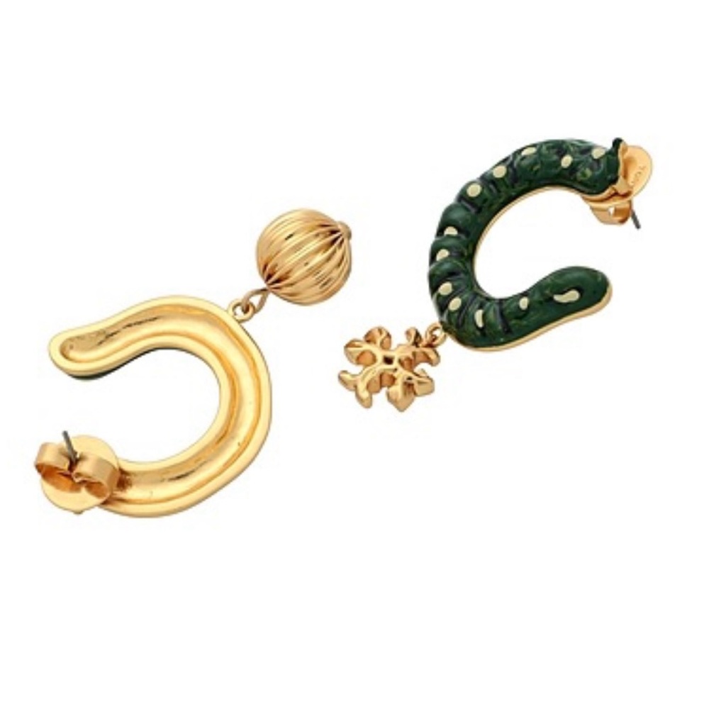 Tory Burch Rare CATERPILLAR Mismatched Drop Earrings Green & Gold NEW FUN - Picture 2 of 8